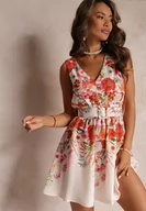 Sukienki - Biało-Czerwona Sukienka Mini w Kwiaty z Gumką w Talii i Paskiem z Okrągłą Klamrą Helerava - miniaturka - grafika 1