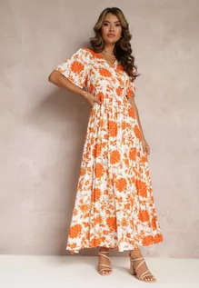 Sukienki - Pomarańczowa Rozkloszowana Sukienka Maxi w Kwiaty z Wiskozy Manishie - grafika 1