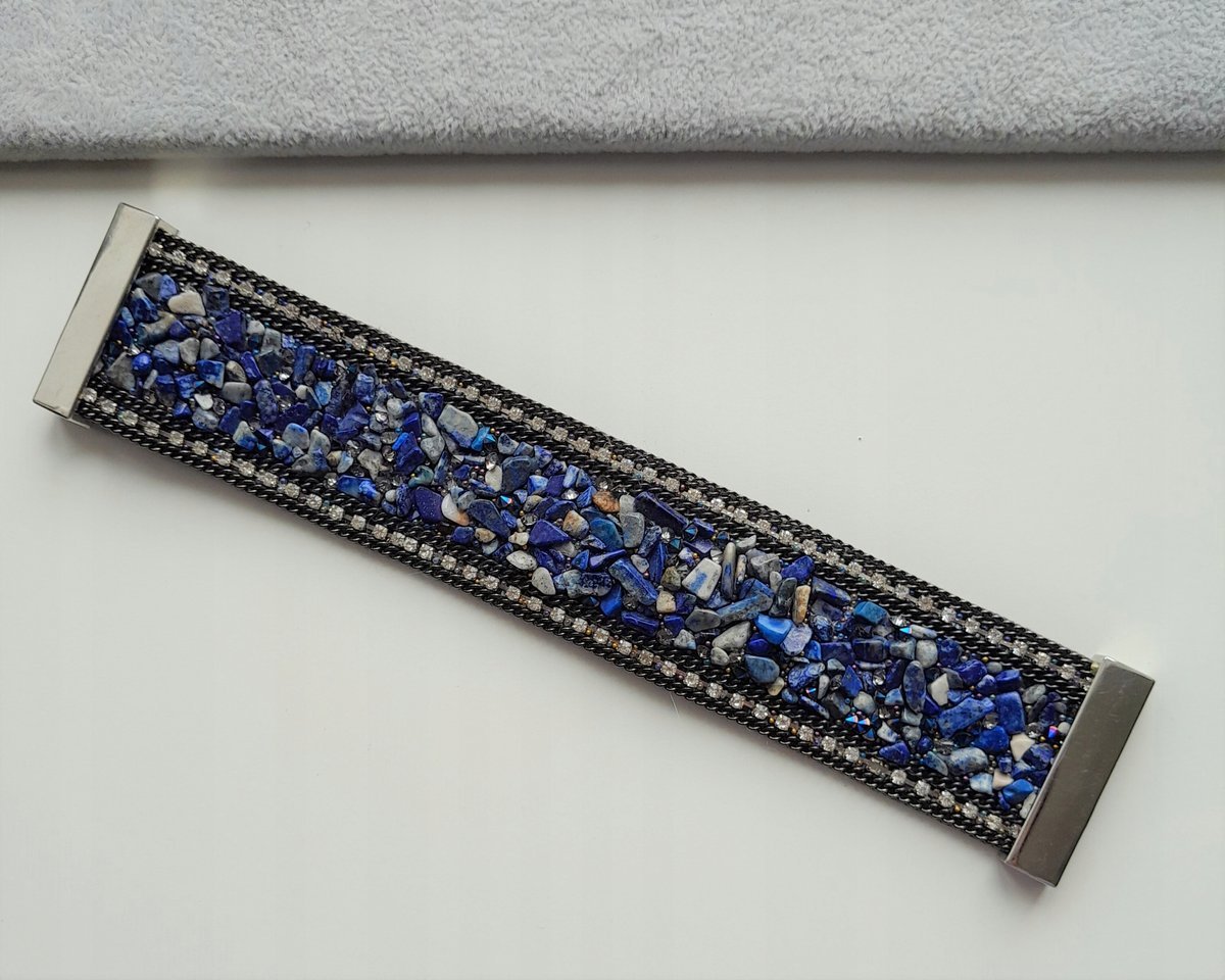 Szeroka Bransoletka Niebieskie Kamienie Stal 3,5Cm