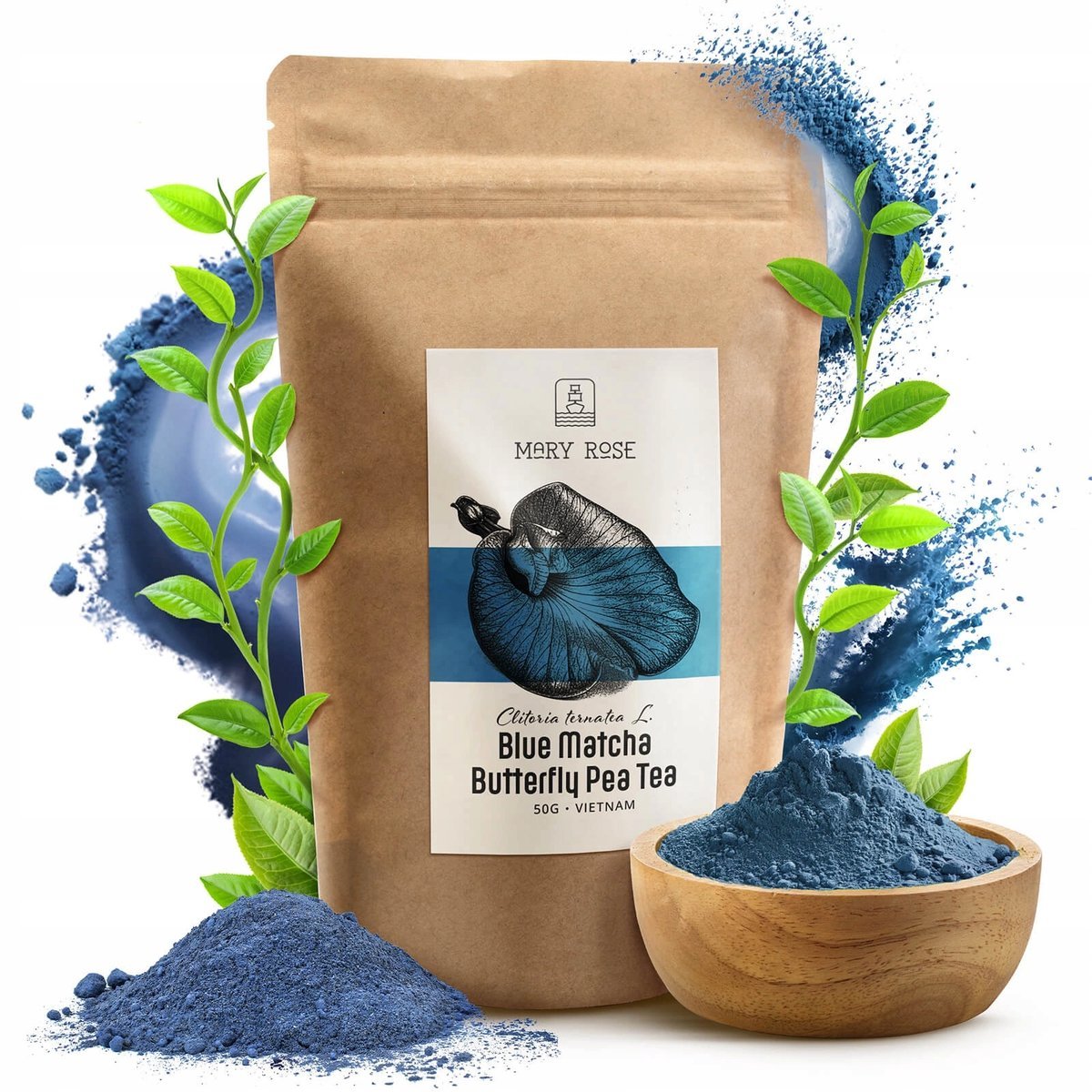 BLUE MATCHA MARY ROSE 50G BEZ KOFEINY NIEBIESKA MACZA BUTTERFLY PEA TEA