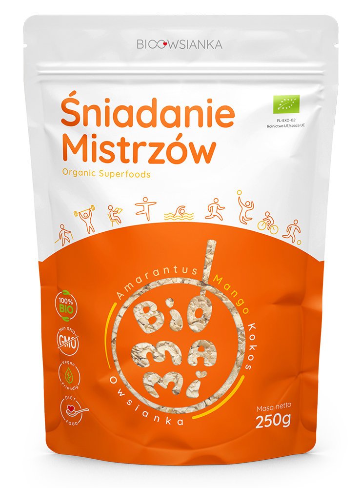BIO Owsianka Śniadanie Mistrzów – 5 x 250g Mango ekologiczne śniadanie fit Bez cukru Superfoods Zdrowe śniadanie