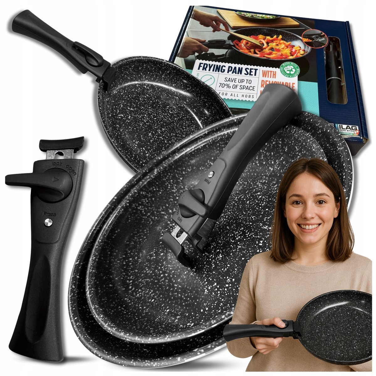 Patelnia Marmurkowa KOMPLET PATELNI 3w1 28cm 24cm Odpinana Rączką INDUKCJA