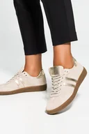 Sneakersy damskie - Beżowe sneakersy skórzane damskie buty sportowe ze złotymi wstawkami sznurowane PRODUKT POLSKI Casu N1068-40 - miniaturka - grafika 1