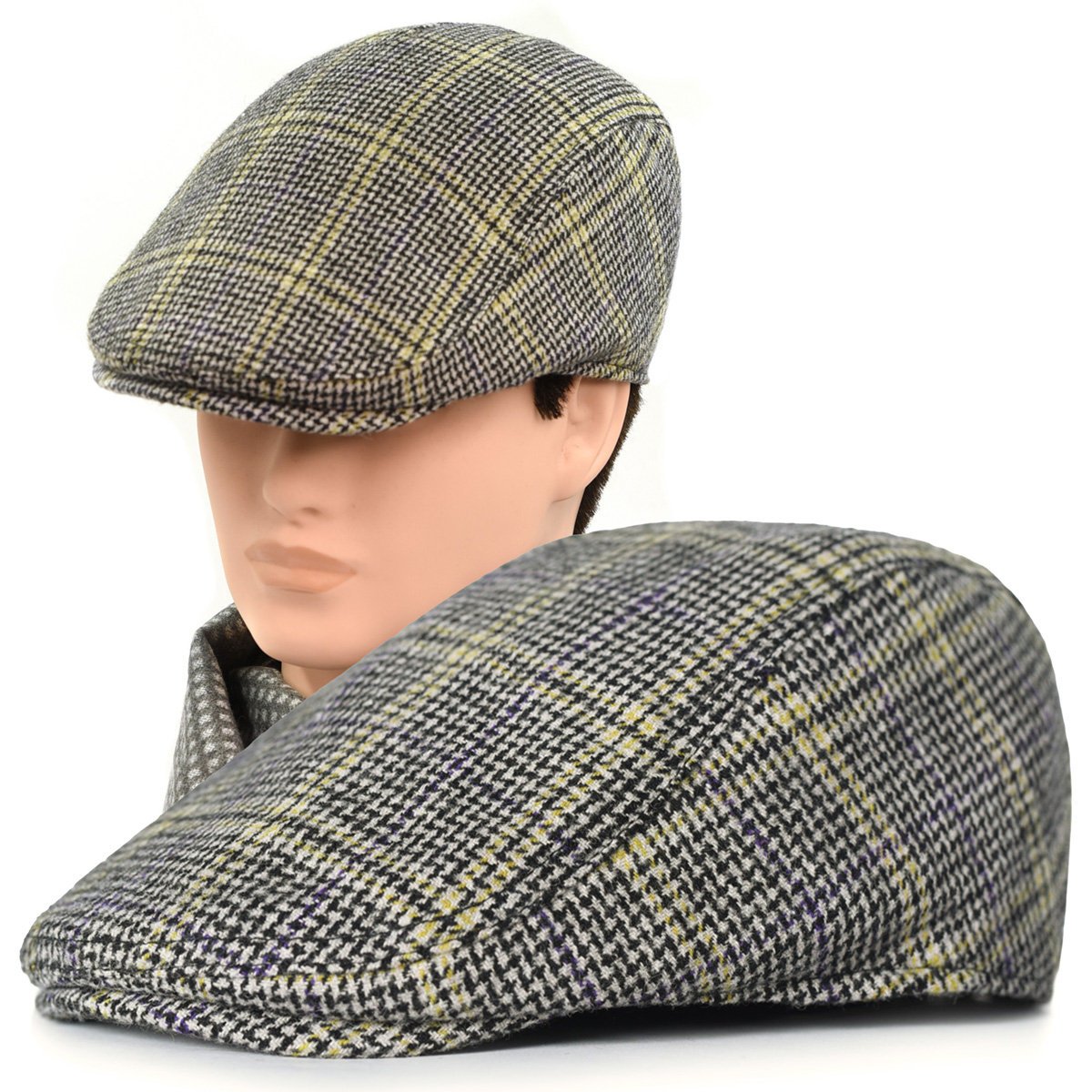 Kaszkiet Męski Zimowy Ocieplany Elegancka Czapka w Pepitkę 50% Wełny