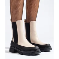 Botki damskie - Goodin Beżowe wysokie sztyblety damskie Shelovet beżowy - miniaturka - grafika 1