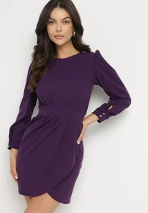 Fioletowa Sukienka z Marszczeniem i Bufiastymi Rękawami Redenia - Sukienki - miniaturka - grafika 1