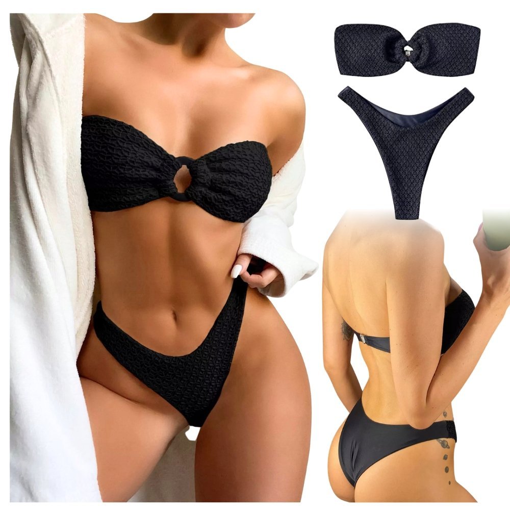 Strój Kąpielowy Kostium Dwuczęściowy Bikini Bandeau Ring Czarny Bardotka S
