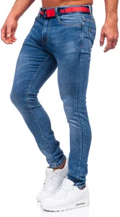 Spodnie męskie - Granatowe spodnie jeansowe męskie skinny fit z paskiem Denley R51122W1 - grafika 1