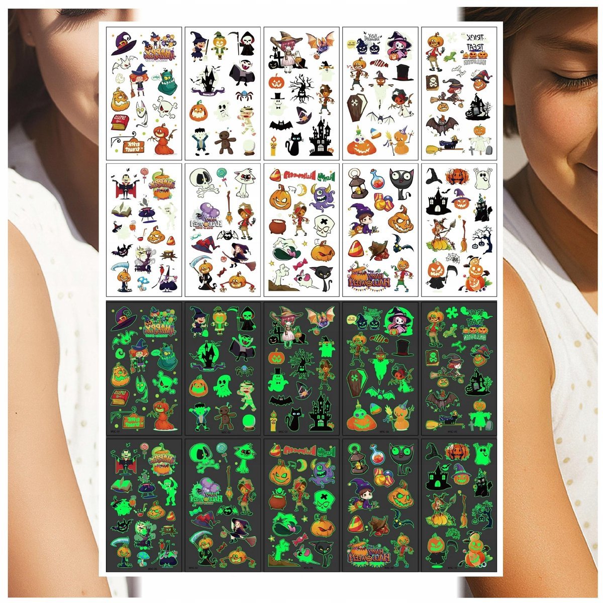 Tatuaże Zmywalne Świecące w Ciemności Halloween Duchy 10 Wzorów