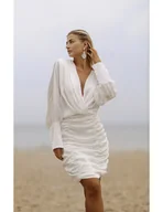 Sukienki - CS - Biała elegancka szyfonowa sukienka BEACH z zakładką na biuście - miniaturka - grafika 1