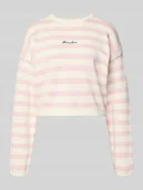 Swetry damskie - Sweter z dzianiny o pudełkowym kroju z wzorem w paski i wyhaftowanym logo - miniaturka - grafika 1