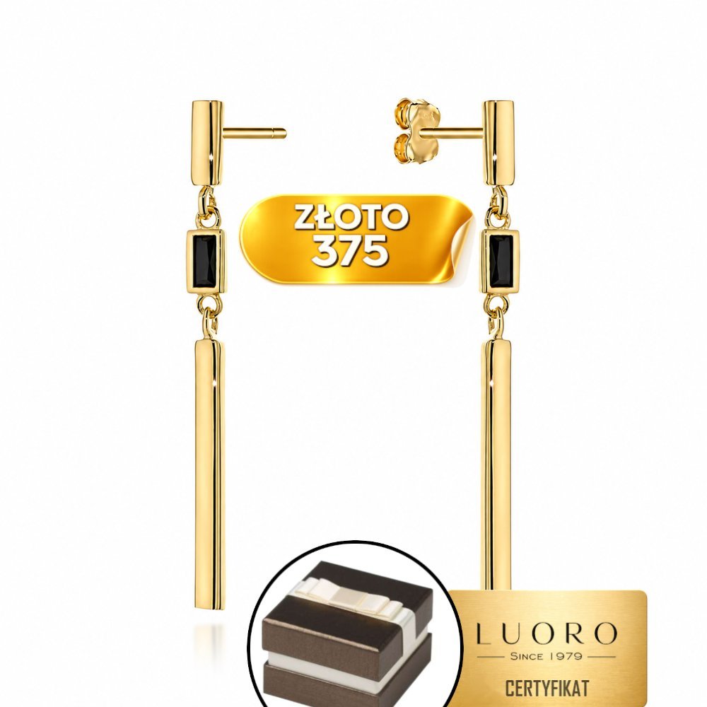 KOLCZYKI ZŁOTE 375 PAŁECZKI Z CZARNYM KAMIENIEM SZTYFT ELEGANCKIE 2,9 CM