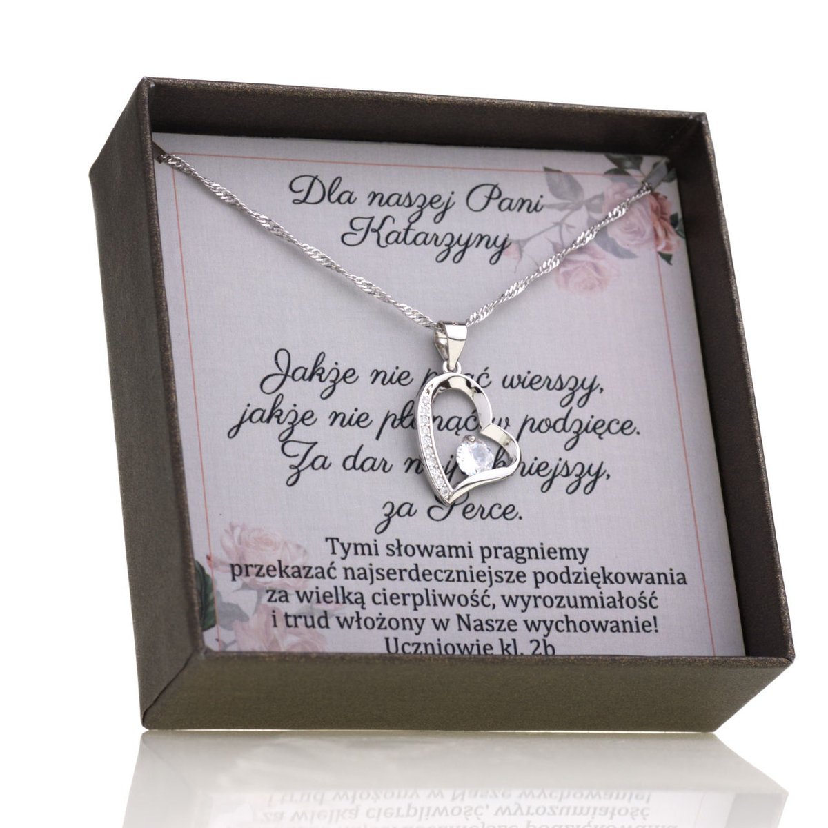 Srebrny 925 Naszyjnik dla Nauczycielki Serce Dedykacja Prezent