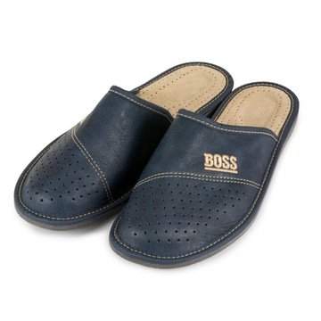 Kapcie męskie skórzane Boss granatowe pantofle klapki do domu