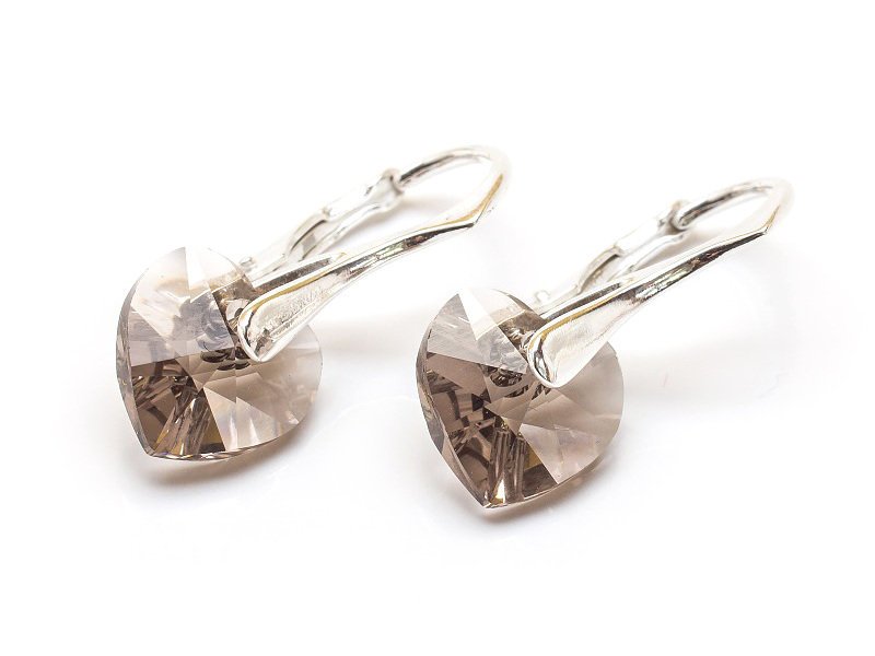 Srebrne Kolczyki 925 Z Kryształami Swarovski Serca 10Mm Greige