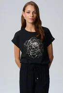 Koszulki i topy damskie - Czarny t-shirt ze złotą różą - Femestage - miniaturka - grafika 1