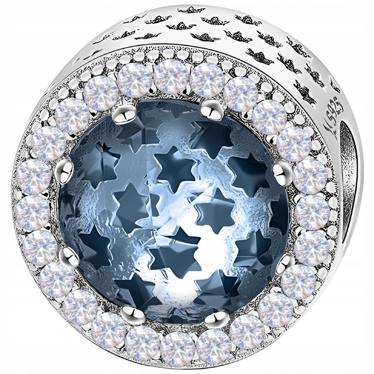 Charms Srebrny Okrągły Niebieski Kryształ Klejnot Noc Kosmos SREBRO 925