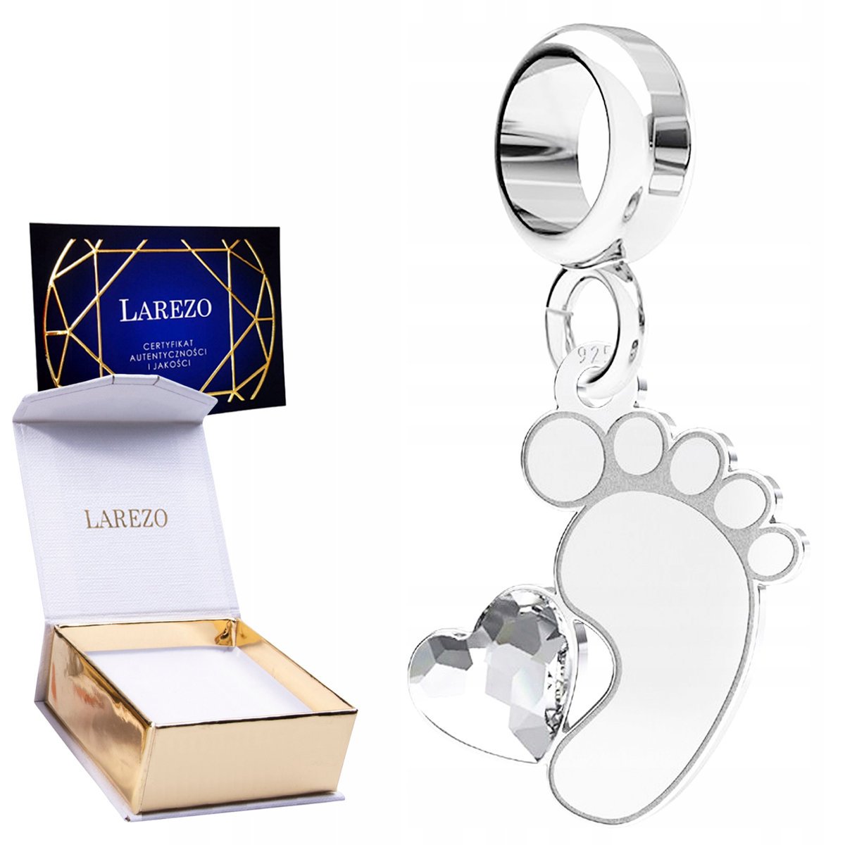 CHARMS SREBRNY Wiszący Stópka Dziecięca Serce Lśniąca Cyrkonia SREBRO 925