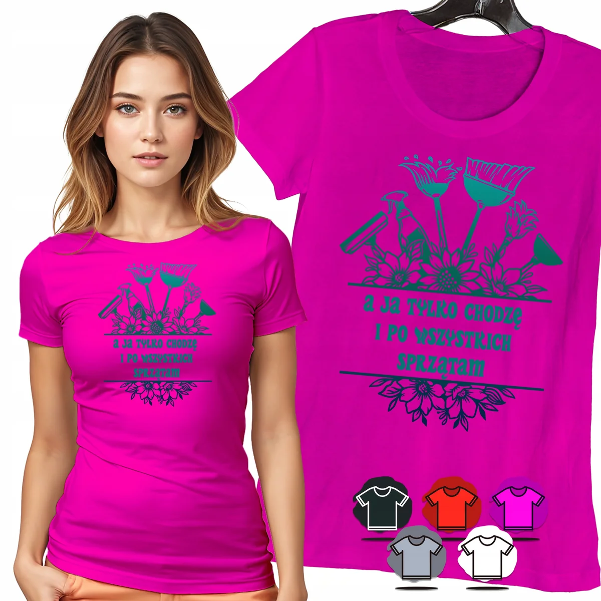 KOSZULKA DAMSKA T-SHIRT - CHODZĘ I PO WSZYSTKICH SPRZĄTAM KWIATY WZÓR - 3XL