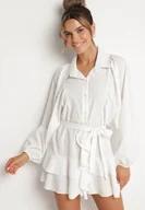 Sukienki - Biała Sukienka Ozdobiona Paskiem i Falbanami Divilena - miniaturka - grafika 1