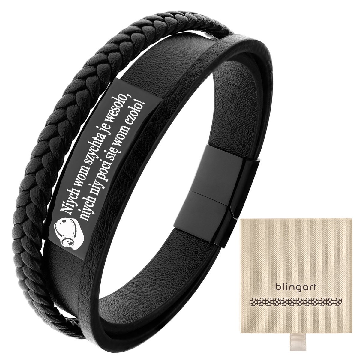 Bransoletka z GRAWEREM męska skórzana CZARNA stal