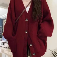 Swetry damskie - TEMU Jesienna i Zimowa Casualowa Czerwona Kurtka-Sweater dla Kobiet, Luźny Kardigan z Dekoltem w Serek Wszechstronny Jednokolorowy - miniaturka - grafika 1