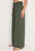 Spodnie damskie - Ciemnozielone Szerokie Spodnie z Wysokim Stanem Wykończone Gumką w Pasie Risinassa - miniaturka - grafika 1