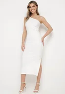 Sukienki - Biała Bawełniana Dopasowana Sukienka z Prążkowanej Dzianiny na Jedno Ramię z Rozcięciem Moarita - miniaturka - grafika 1