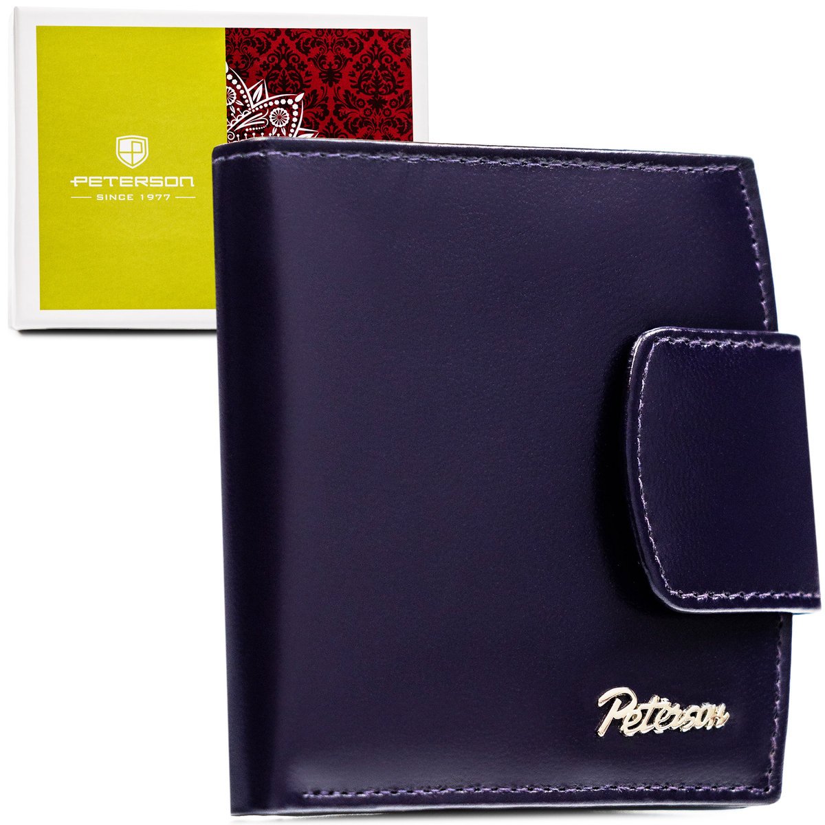 Mały fioletowy portfel damski ze skóry naturalnej PETERSON pionowy składany na zatrzask rozbudowany na karty elegancki na prezent ochrona RFID STOP