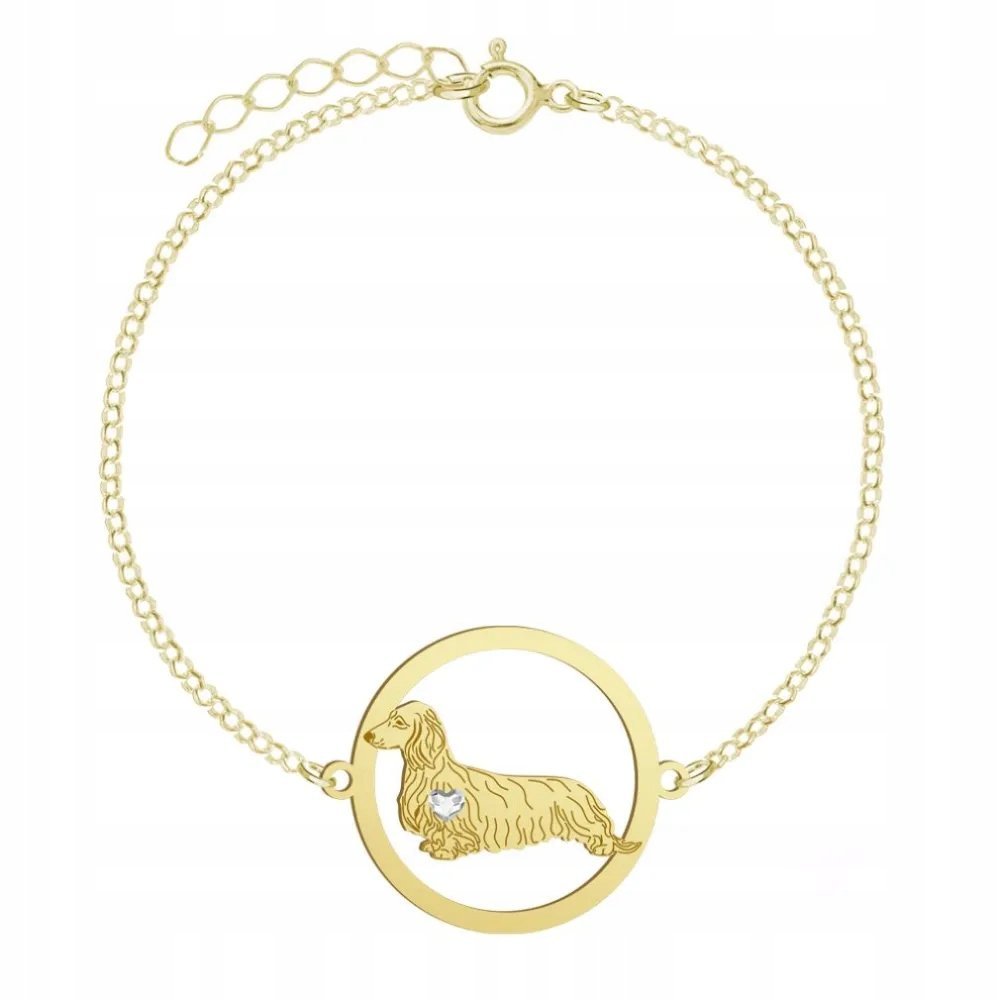 Bransoletka Złota z Jamnik Długowłosy 925 Prezent Kobieta GRAWER DEDYKACJA