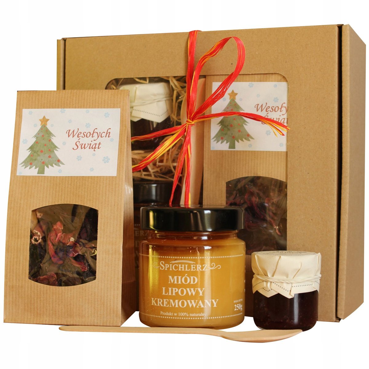 Zestaw prezentowy kosz świąteczny Mikołajki Upominek herbata miód konfitura