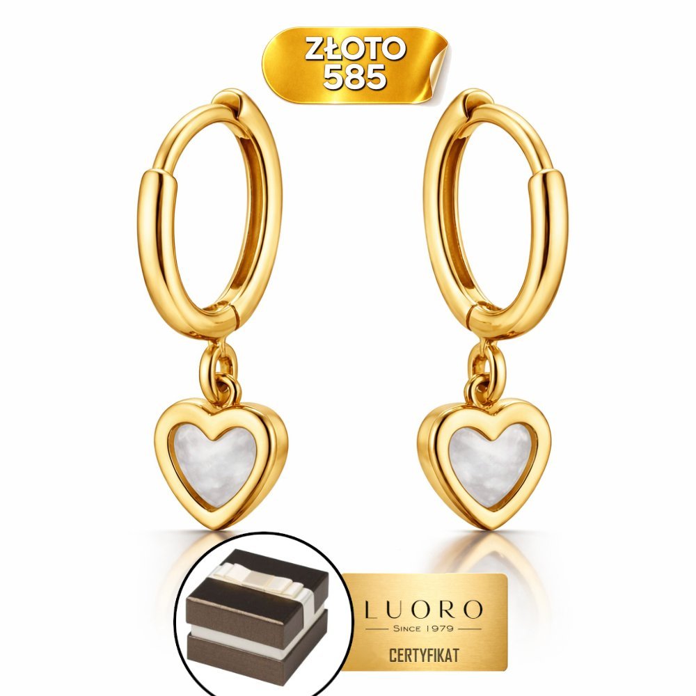 KOLCZYKI ZŁOTE 585 14K KÓŁECZKO Z SERCEM MASA PERŁOWA 16 MM ELEGANCKIE