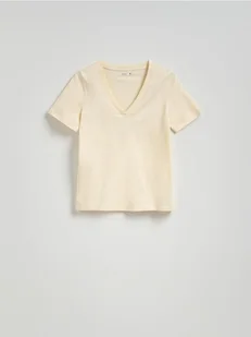 Reserved - T-shirt regular z dekotem V - jasnożółty - Koszulki i topy damskie - miniaturka - grafika 1