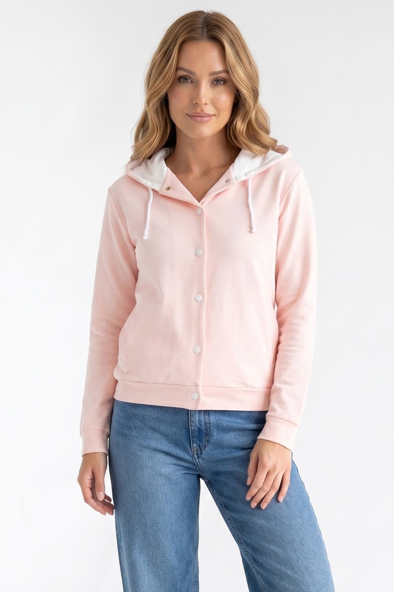 FIGL Bluza M1370 Damska luźna bluza narzutka z kapturem i dekoltem w serek - M1370, różowy, M/L