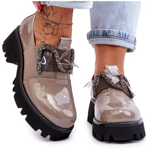 S.Barski Lakierowane Półbuty Z Ozdobami Szare Keily - Półbuty damskie - miniaturka - grafika 1