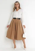 Spódnice - Ciemnobeżowa Spódnica Rozkloszowana z Paskiem Cizo - miniaturka - grafika 1