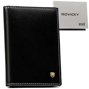Eleganckie skórzane męskie etui na karty i dokumenty ROVICKY klasyczne czarne poziome bez zapięcia pudełko na prezent ochrona RFID STOP - Etui na dokumenty i karty - miniaturka - grafika 1