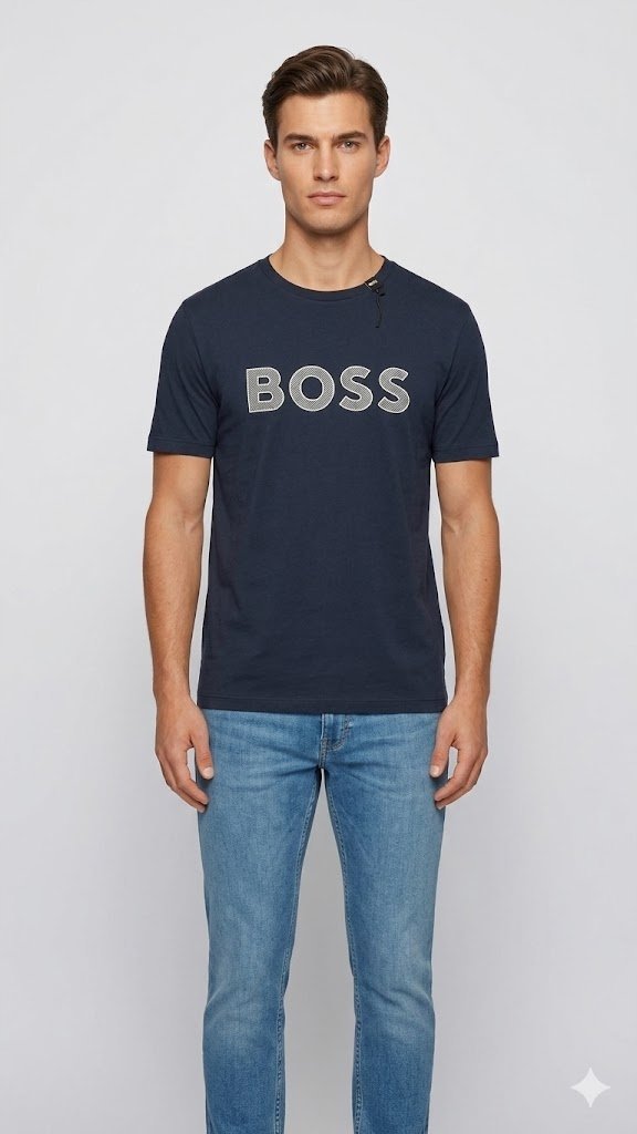 BOSS GRANATOWY T SHIRT Z LOGO BAWEŁNIANY Z OKRĄGŁYM DEKOLTEM XXL 12DA