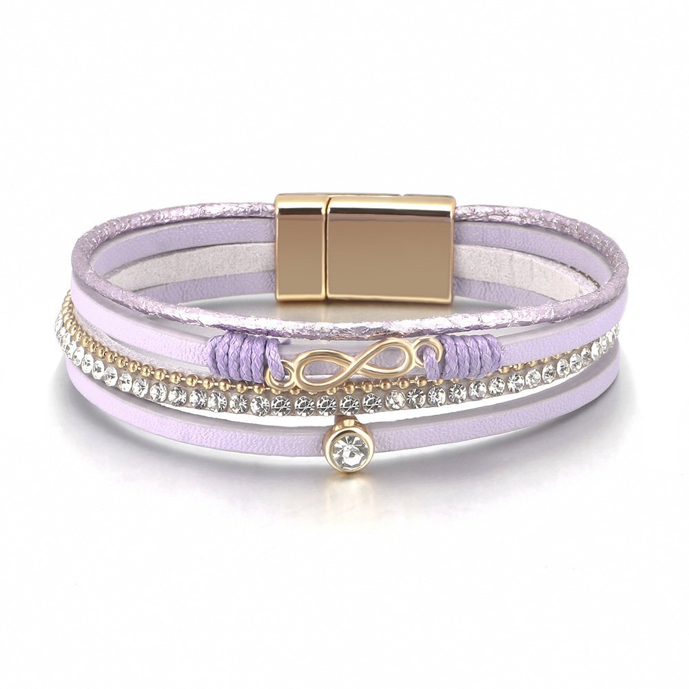 Bransoletka boho damska – fioletowa z błyszczącym paskiem i złotymi akcentami