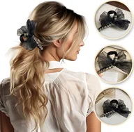 Ozdoby do włosów - Spinka klamra do włosów z serduszkami i kokardą XL 11x5 cm czarna SP343CZ - miniaturka - grafika 1