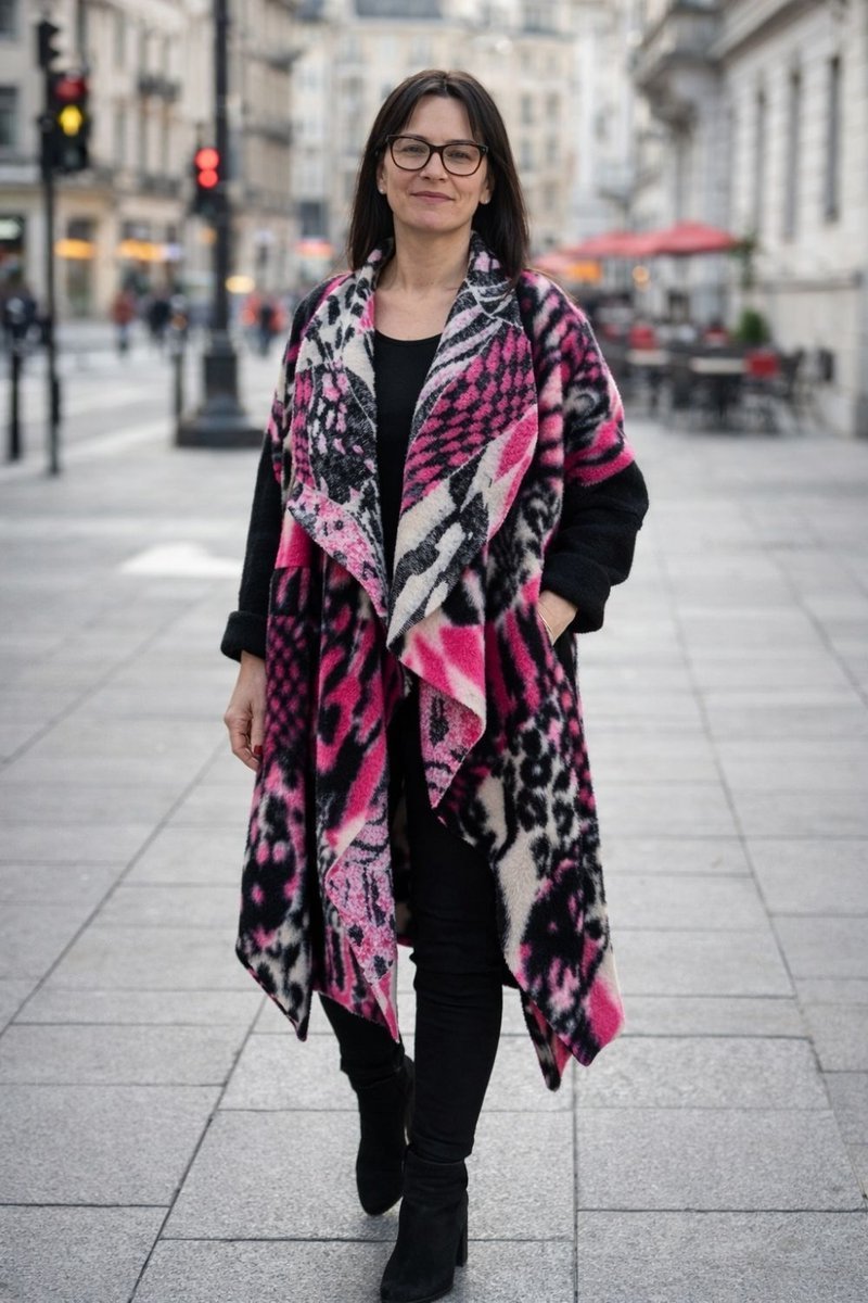 Płaszcz damski wełniany 80% WOOL włoski oversize różowy wzór Uni