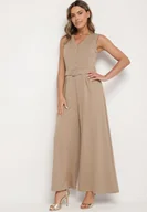 Kombinezony - Ciemnobeżowy Taliowany Kombinezon z Wiskozą Ozdobiony Paskiem Ralinelle - miniaturka - grafika 1