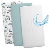 Prześcieradła dla dzieci - Zestaw prześcieradeł do gondoli wózka - 2 x pokrowiec + wodoodporny ochraniacz na materac poszewka na materac prześcieradło 83 x 50 cm afryka, szałwia - miniaturka - grafika 1