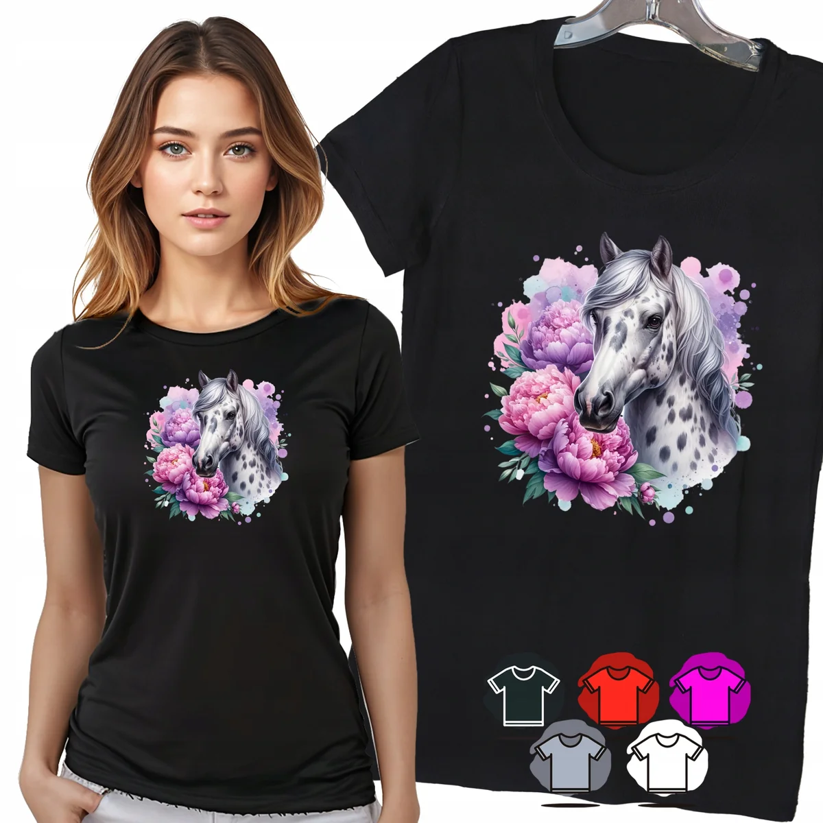 KOSZULKA DAMSKA T-SHIRT - KOŃ W KWIATACH RÓŻOWY PORTRET DAMSKI WZÓR - XXL