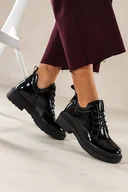 Botki damskie - Czarne botki skórzane damskie lakierowane Sergio Leone na bieżnikowanej platformie wycięta cholewka sznurowane YG74242-H - miniaturka - grafika 1