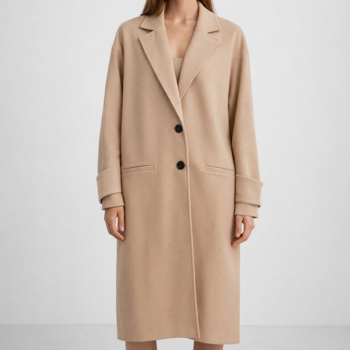 Płaszcz Damski Długi Przejściowy Beżowy Jednorzędowy Wełna EDAN XS