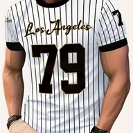 Koszulki męskie - TEMU Casualna i Prosta Koszulka Męska w Paski, Wygodny i Swobodny T-shirt z Okrągłym Dekoltem i Krótkim Rękawem, z Nadrukiem „78” z Los Angeles, - miniaturka - grafika 1