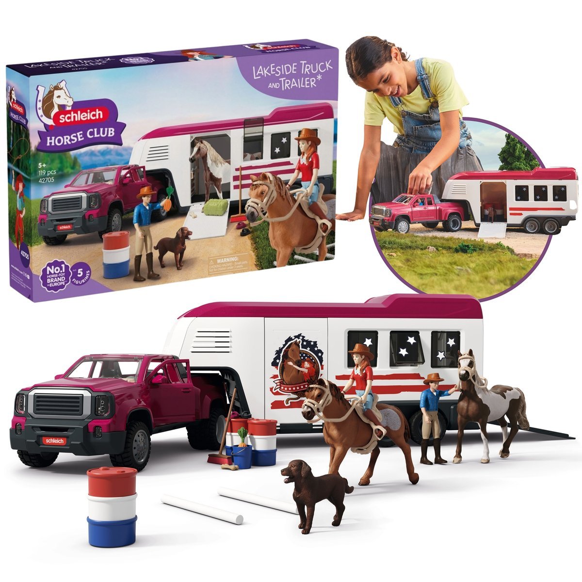 Schleich Horse Club Ciężarówka Lakeside z przyczepą dla koni, zestaw Schleich z figurkami i akcesoriami dla dzieci 5+