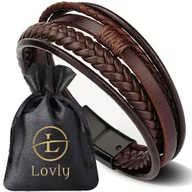 Bransolety męskie - Brązowa Skórzana Bransoletka Męska Elegancka Stal Nierdzewna 316L - miniaturka - grafika 1