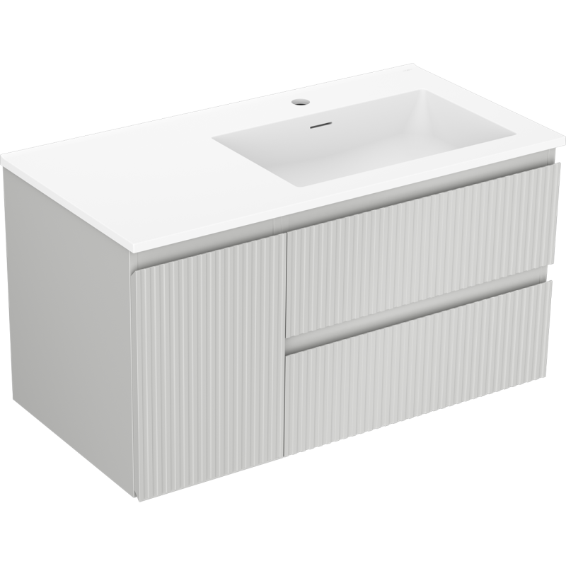 Mexen Rivel szafka łazienkowa 90 cm z umywalką Otis prawą, 2S, 1D, ryflowana, szara mat/biała mat - 91A23-09047-3-BBFFF62-W18P01